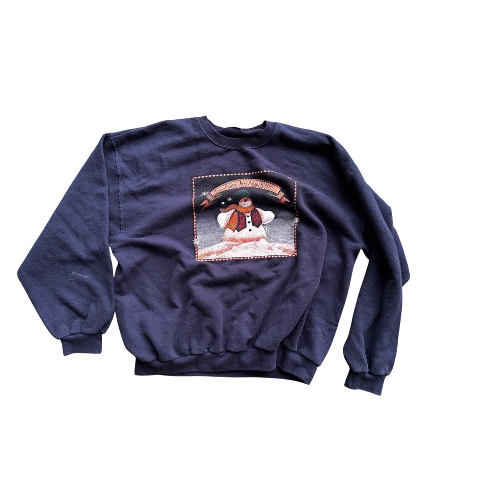 Jerzees Snowflakes Are Angel Kisses Snowman Navy Blue Crewneck Sweatshirt XL